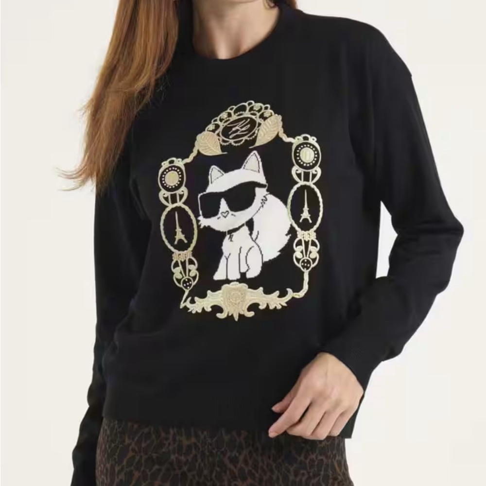 Karl Lagerfeld Black Top with Gold Cat Motif NWT